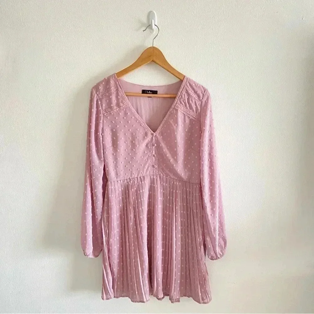Lulus Poetic Love Mauve Swiss Dot Long Sleeve Pleated Mini Dress - Picture 2 of 13
